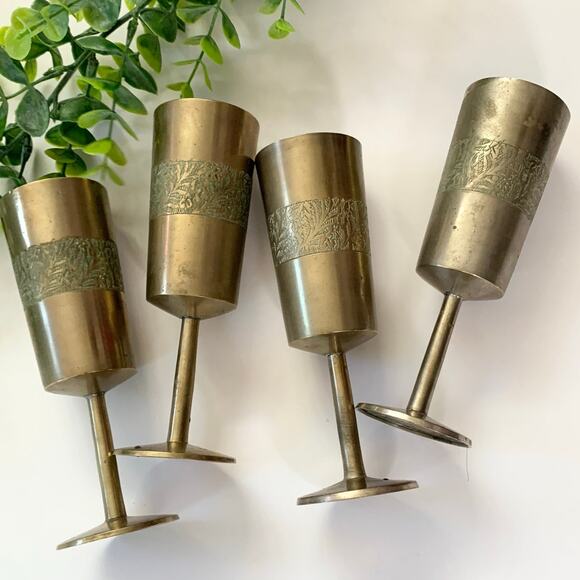 Vintage Brass Gold Etched India Goblet Cups 6" Set 4 - Picture 1 of 5